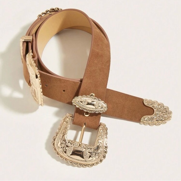 Double Brown Western Belt with Gold Buckles - Picture 2 of 5